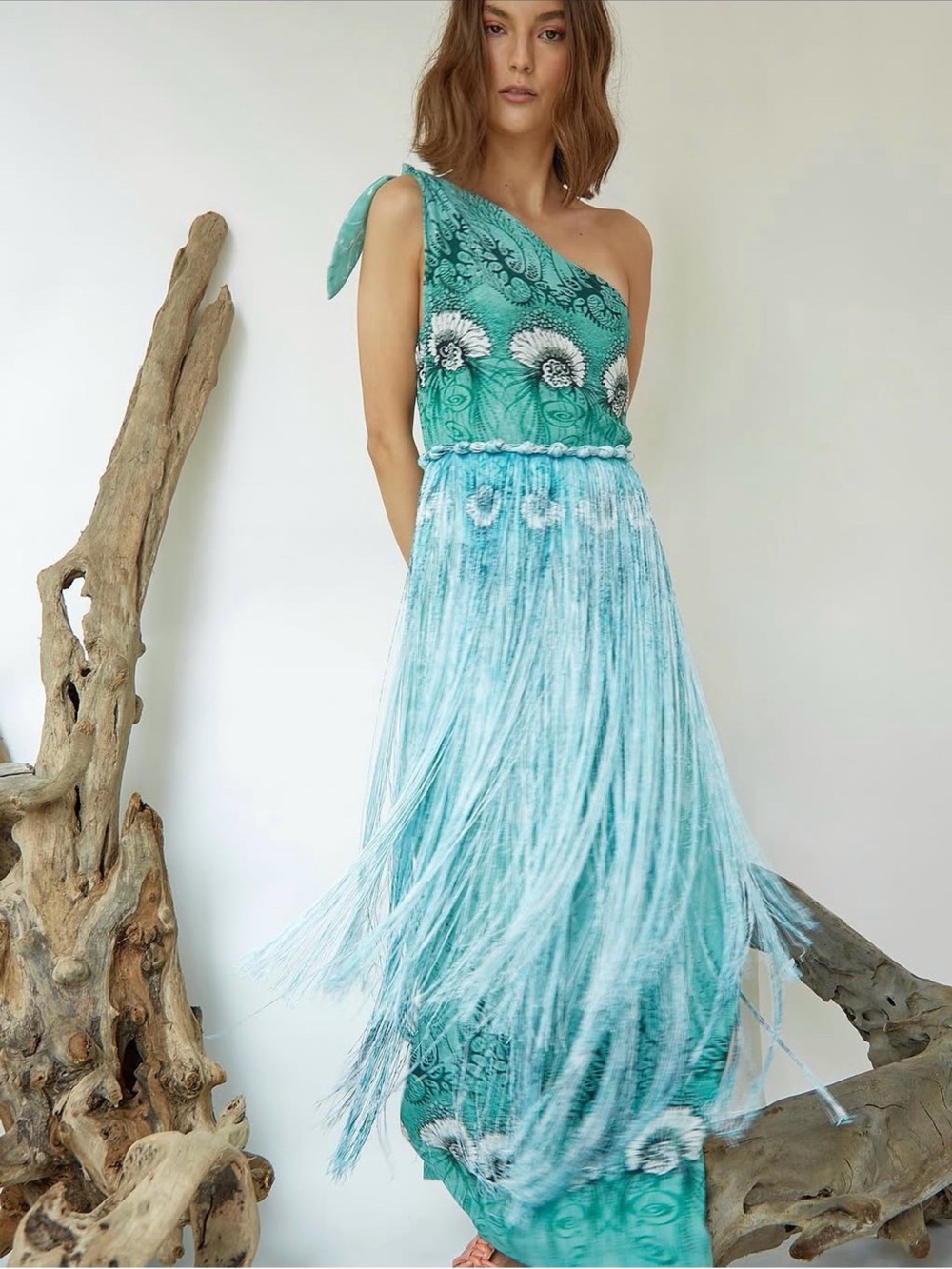 Beatriz Camacho One-Shoulder Aqua Fringe Floral Maxi Dress